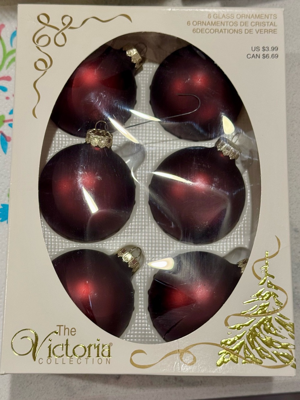 VTG Victoria Burgundy Glass Christmas Ornaments - 6 Pack